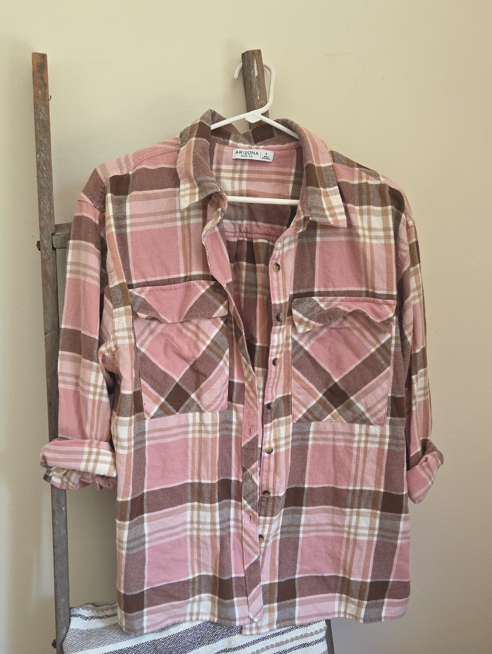 Arizona Jean Company Pink and Brown Plaid Button-Up Shirt